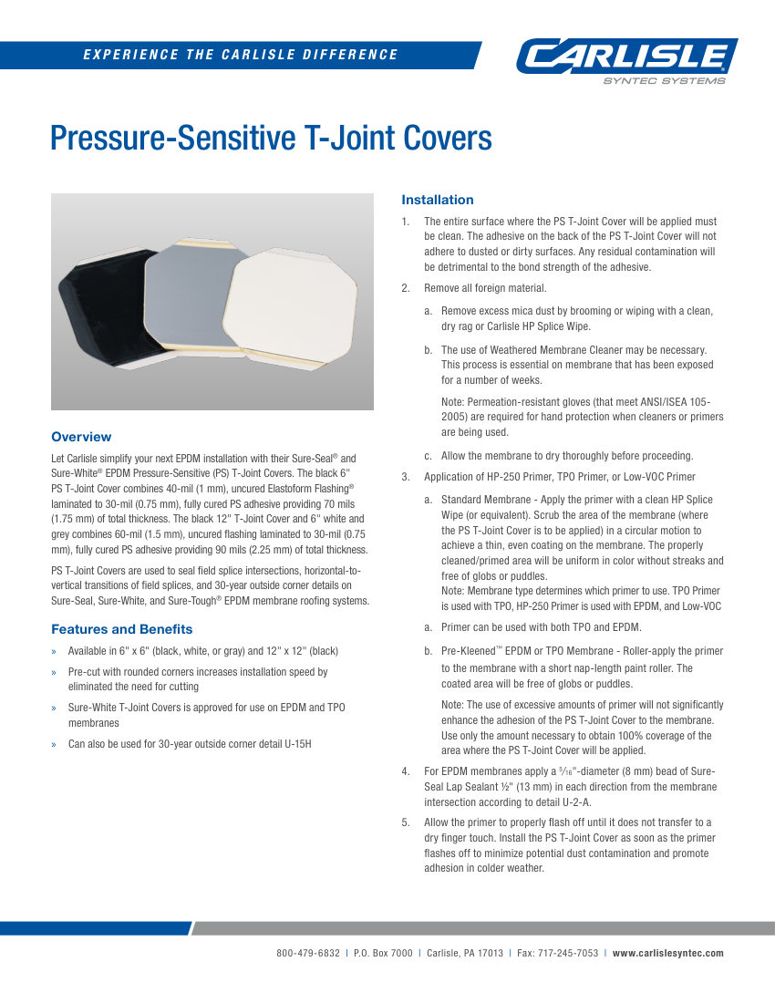 Carlisle SynTec EPDM Pressure-Sensitive T-Joint Covers cut sheet — first page