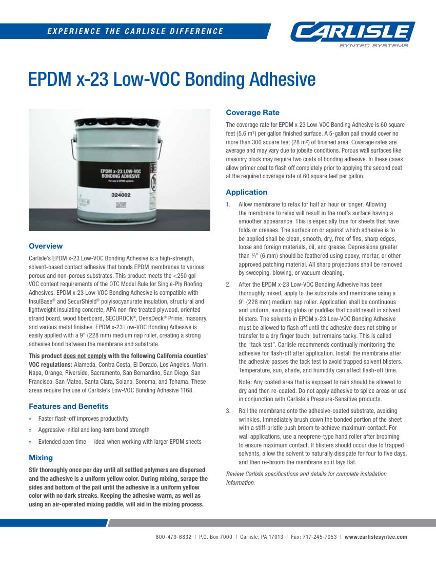 Carlisle SynTec EPDM x-23 Low-VOC Bonding Adhesive cut sheet — first page