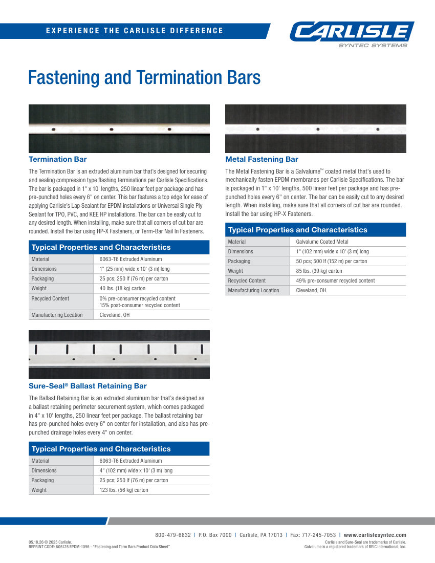 Carlisle SynTec Fastening and Termination Bars cut sheet — first page