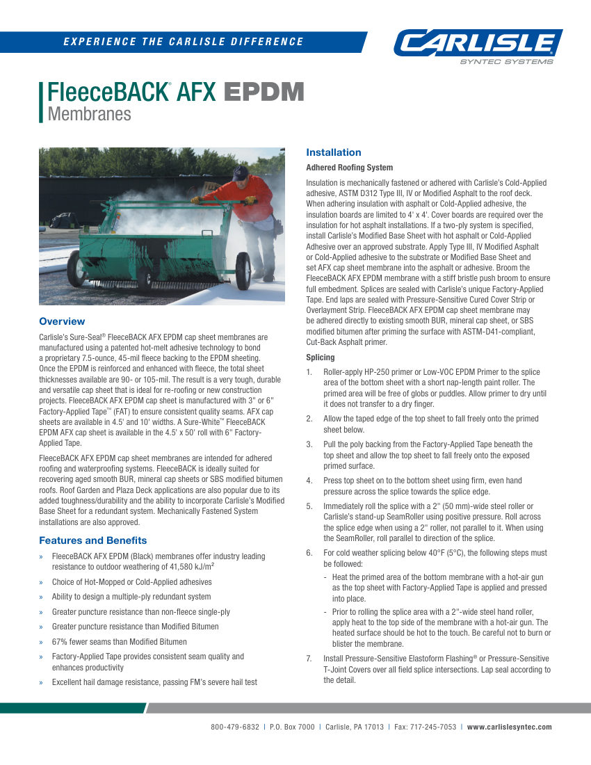 Carlisle SynTec FleeceBACK AFX EPDM Membrane cut sheet — first page