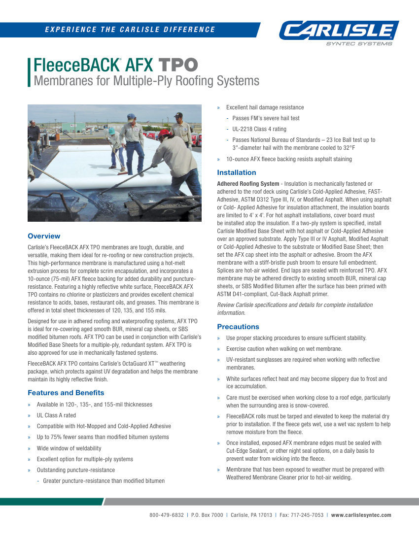 Carlisle SynTec FleeceBACK AFX TPO Membranes cut sheet — first page
