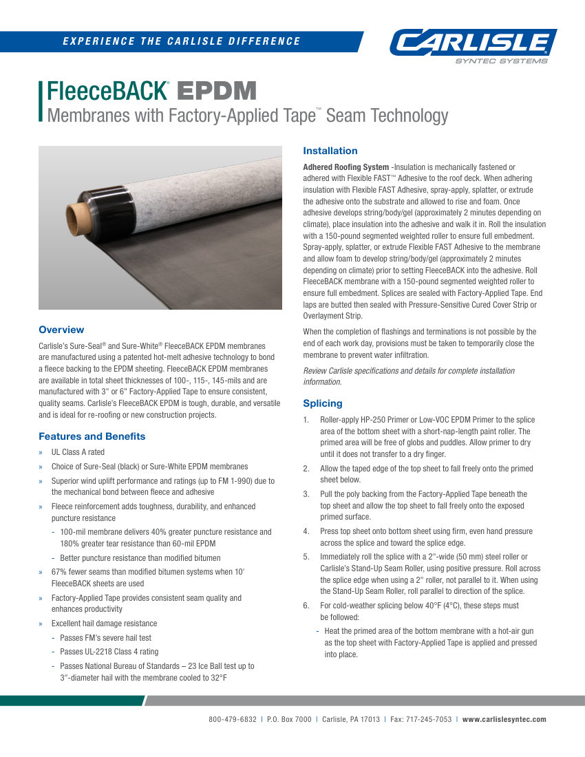 Carlisle SynTec FleeceBACK EPDM Membranes w/FAT cut sheet — first page