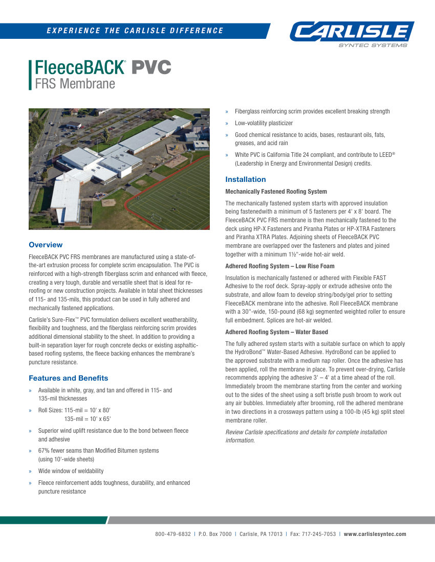 Carlisle SynTec FleeceBACK PVC FRS Membrane cut sheet — first page