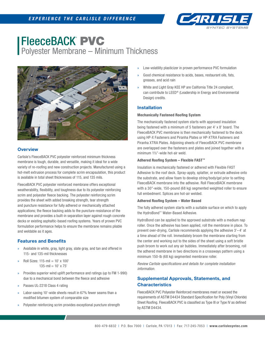 Carlisle SynTec FleeceBACK PVC Polyester Membrane Minimum Thickness cut sheet — first page