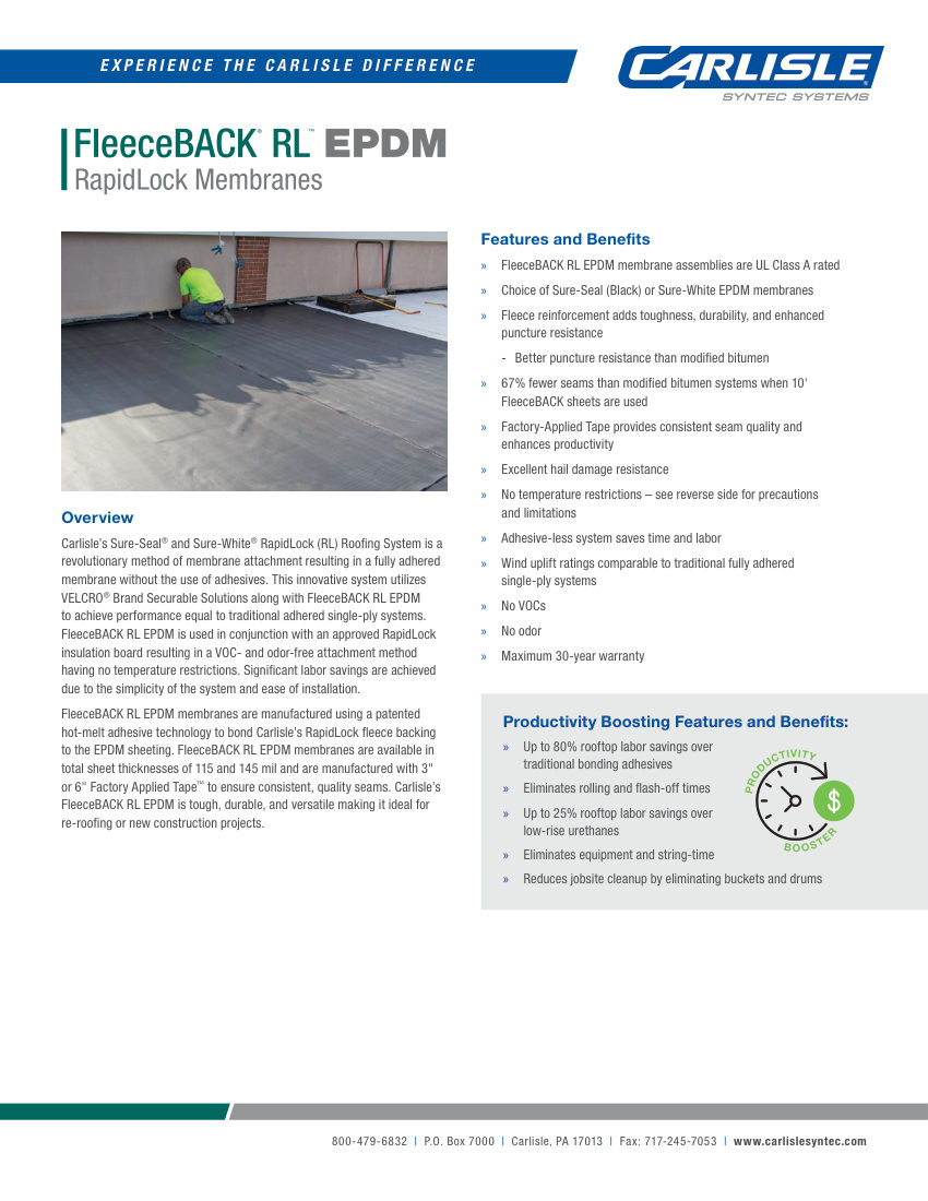 Carlisle SynTec FleeceBACK RapidLock RL EPDM Membrane cut sheet — first page