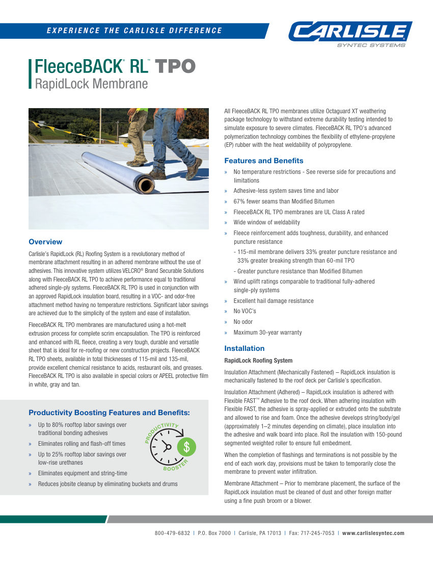 Carlisle SynTec FleeceBACK RapidLock RL TPO Membrane cut sheet — first page