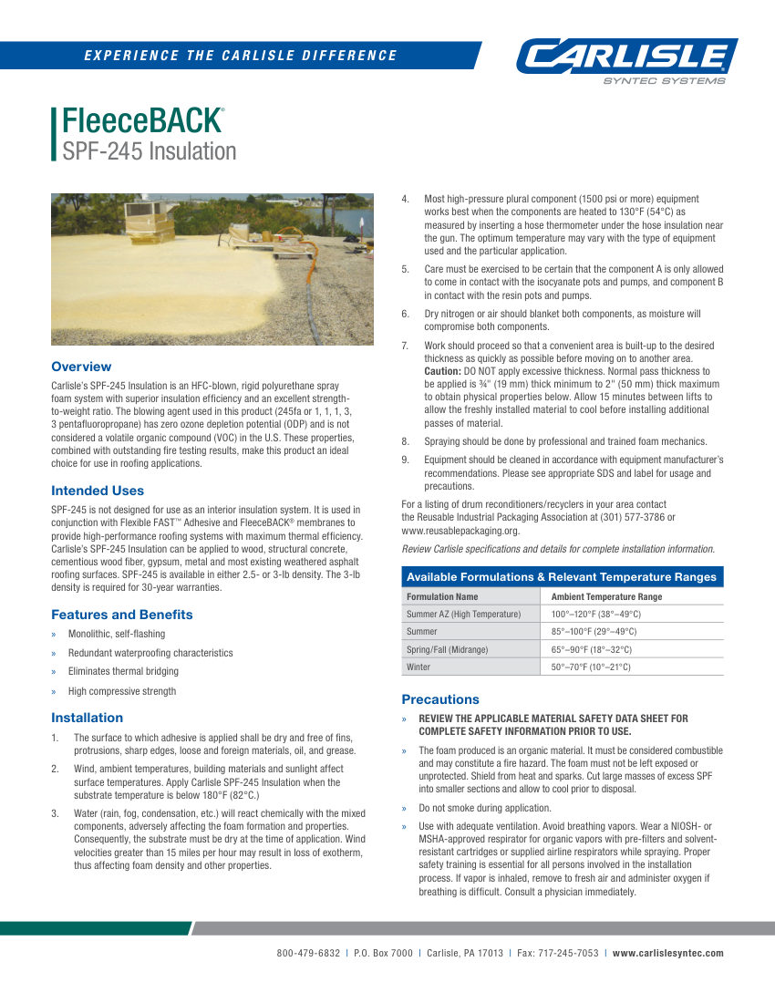 Carlisle SynTec FleeceBACK SPF-245 Insulation cut sheet — first page