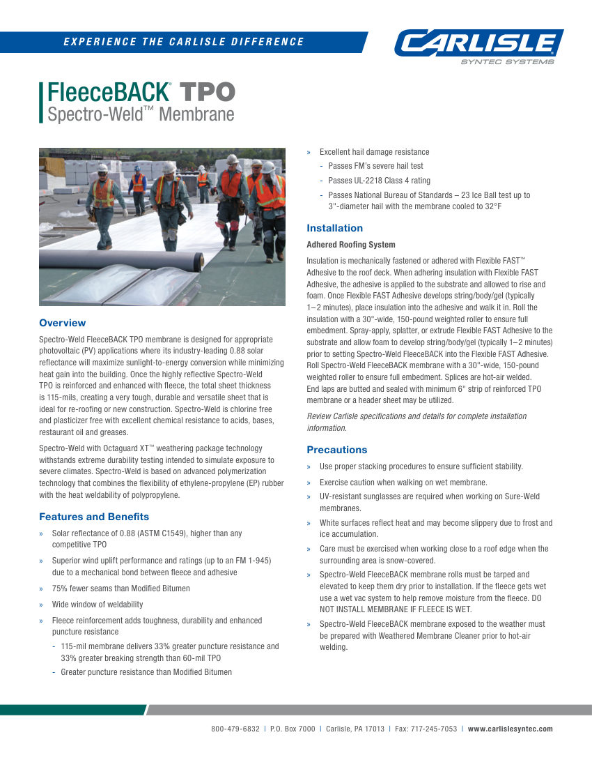 Carlisle SynTec FleeceBACK TPO Spectro-Weld Membrane cut sheet — first page