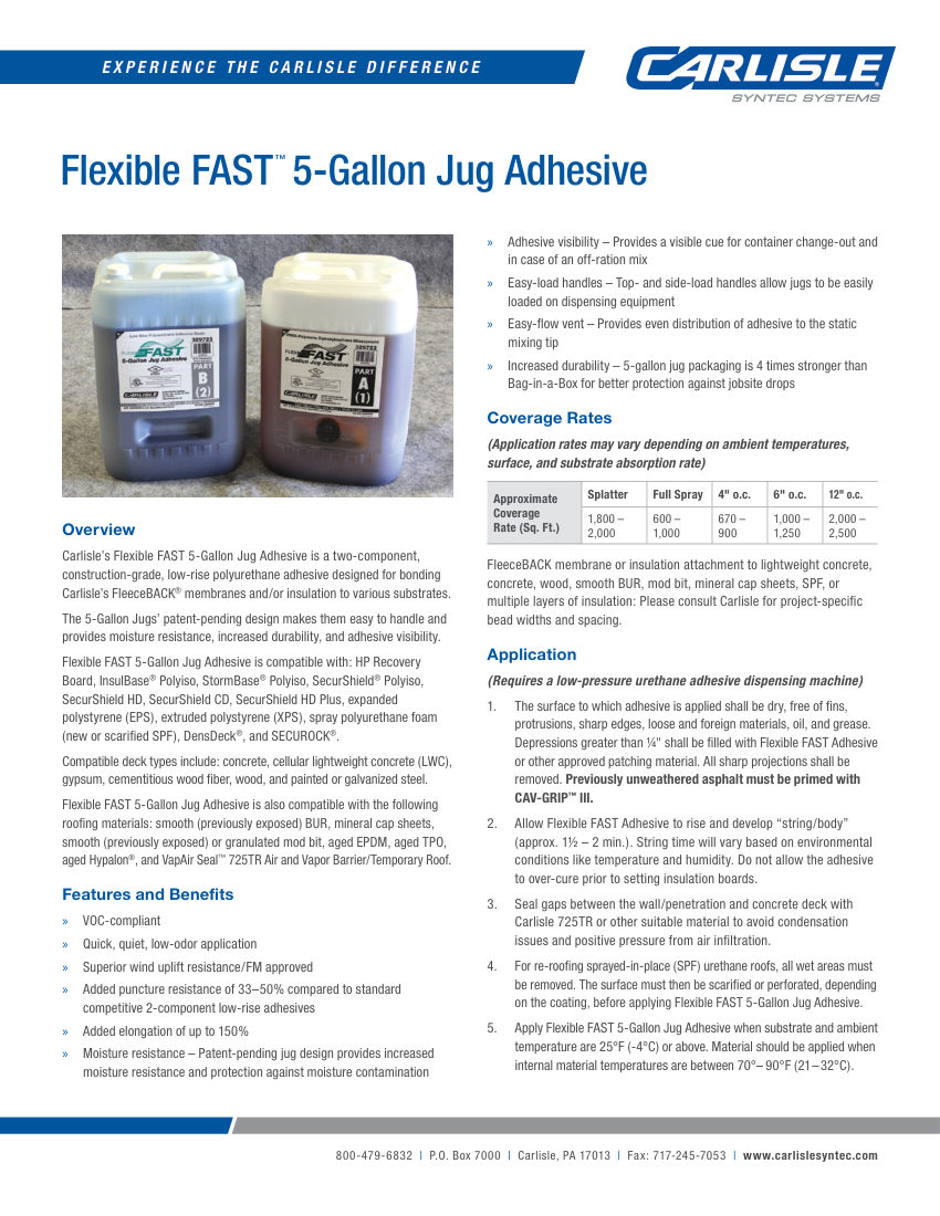 Carlisle SynTec Flexible FAST 5-Gallon Jug Adhesive cut sheet — first page