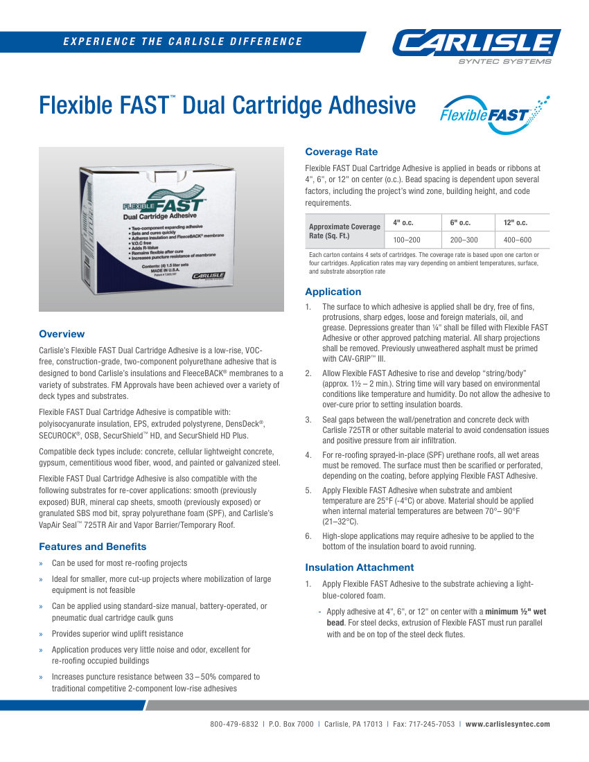 Carlisle SynTec Flexible Fast Dual Cartridge Adhesive cut sheet — first page