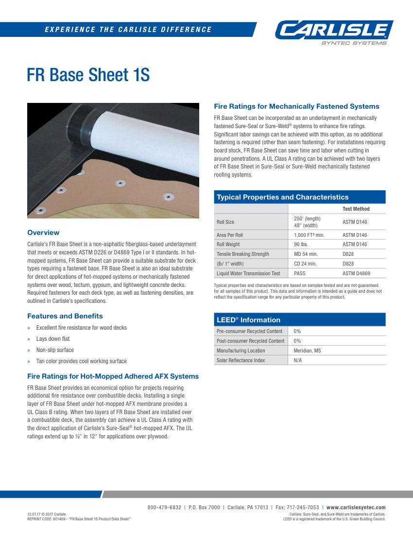 Carlisle SynTec FR Base Sheet 1S cut sheet — first page