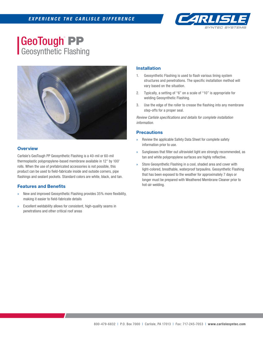 Carlisle SynTec GeoTough PP Geosynthetic Flashing cut sheet — first page