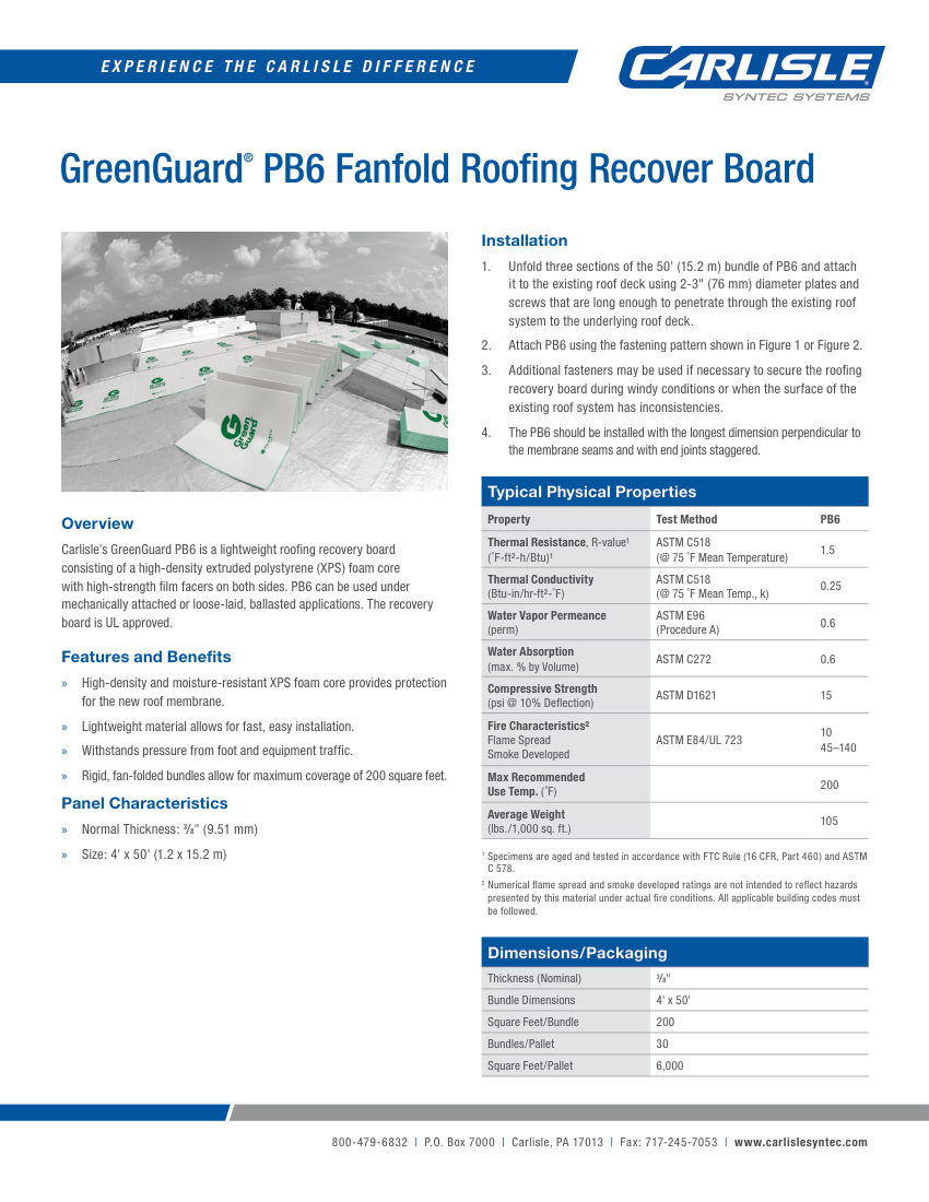 Carlisle SynTec GreenGuard PB6 Fanfold cut sheet — first page