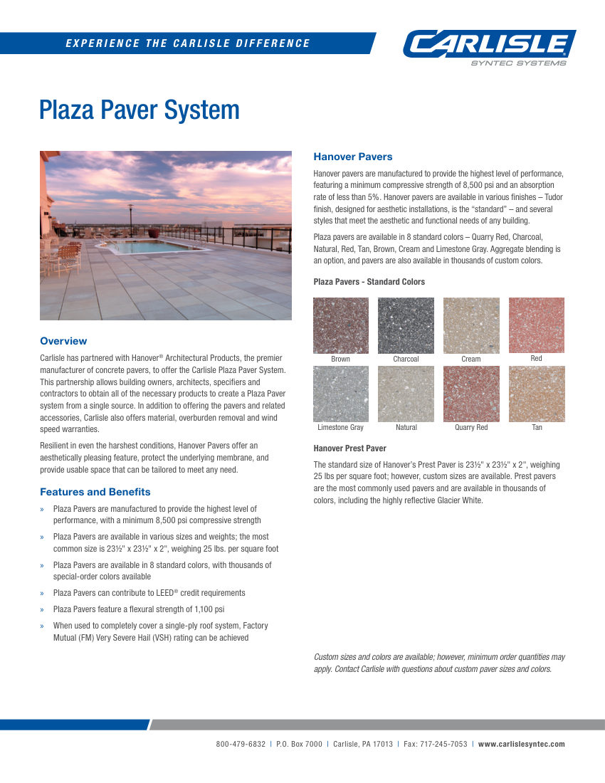 Carlisle SynTec Hanover Plaza Paver System cut sheet — first page