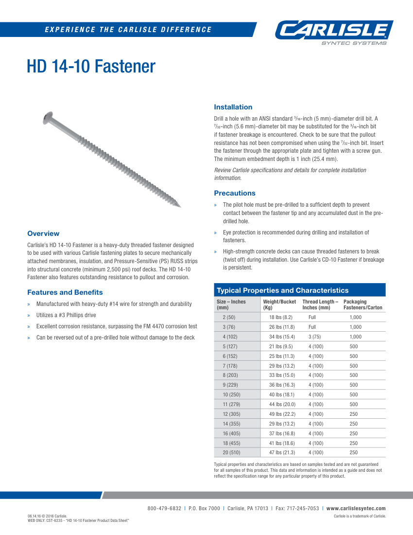 Carlisle SynTec HD 14-10 Fastener cut sheet — first page