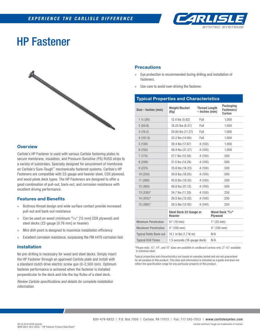 Carlisle SynTec HP Fastener cut sheet — first page