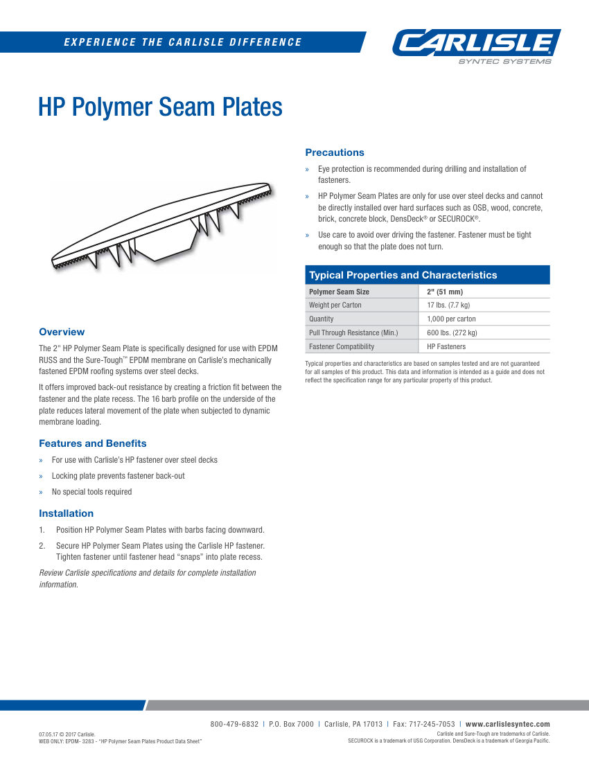 Carlisle SynTec HP Polymer Seam Plates cut sheet — first page