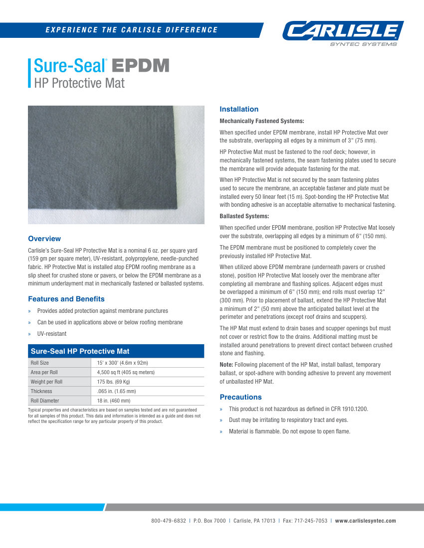 Carlisle SynTec HP Protective Mat cut sheet — first page