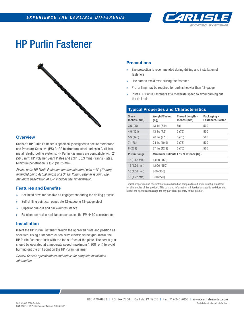 Carlisle SynTec HP Purlin Fastener cut sheet — first page