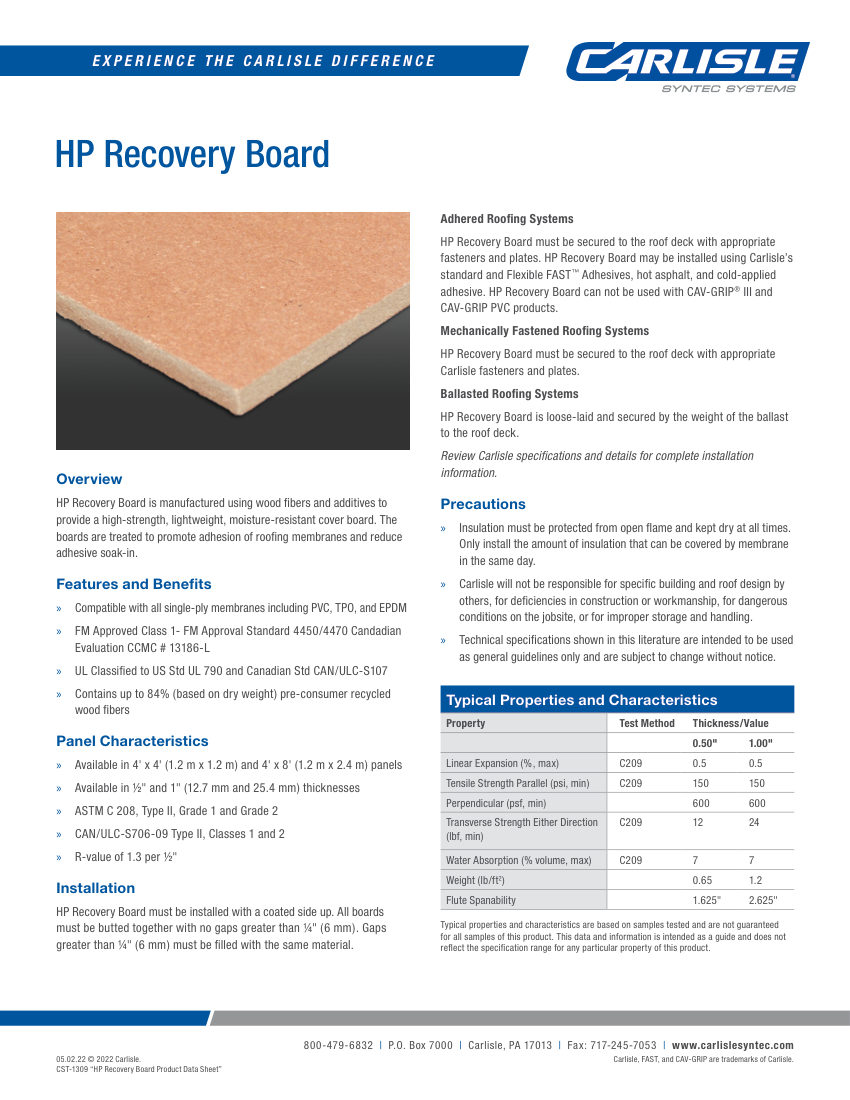 Carlisle SynTec HP Recovery Board cut sheet — first page