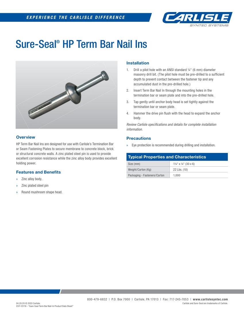 Carlisle SynTec HP Term Bar Nail Ins cut sheet — first page
