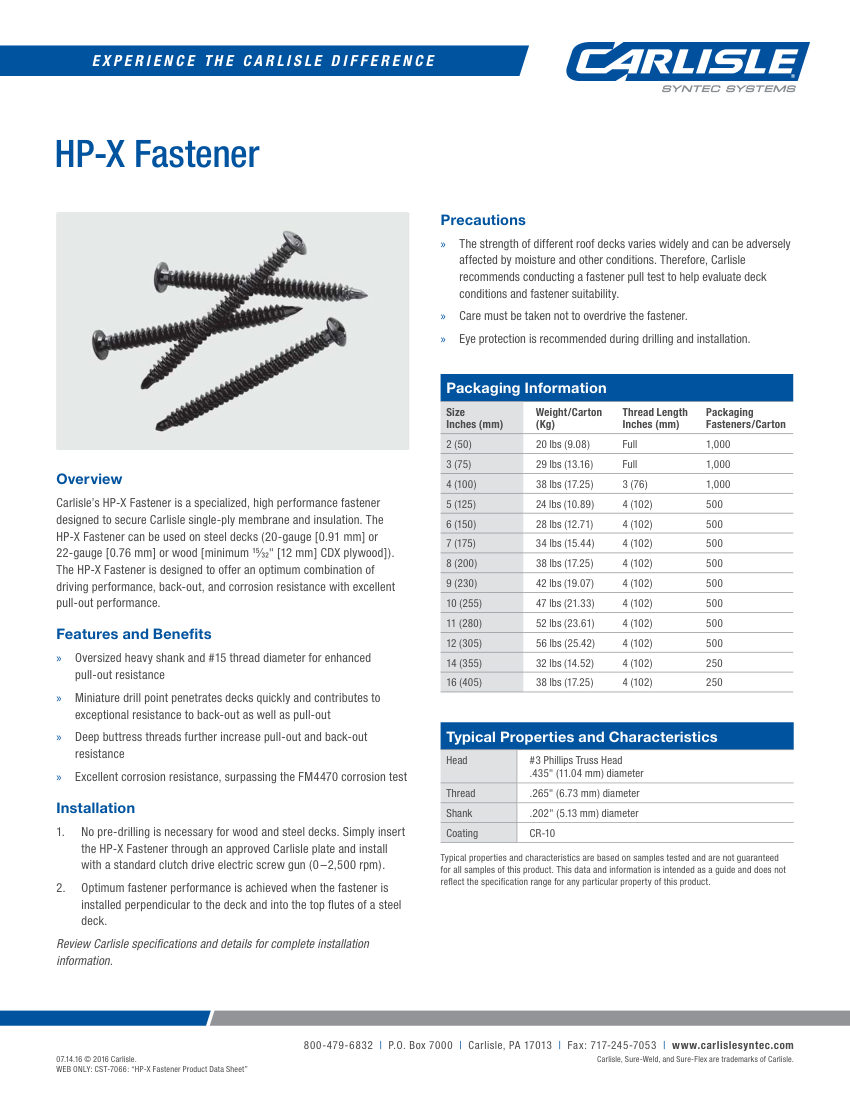 Carlisle SynTec HP-X Fastener cut sheet — first page