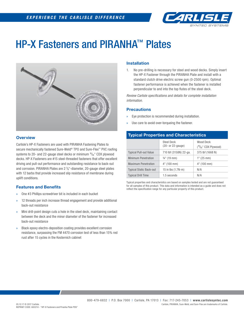 Carlisle SynTec HP-X Fasteners and PIRANHA Plates cut sheet — first page