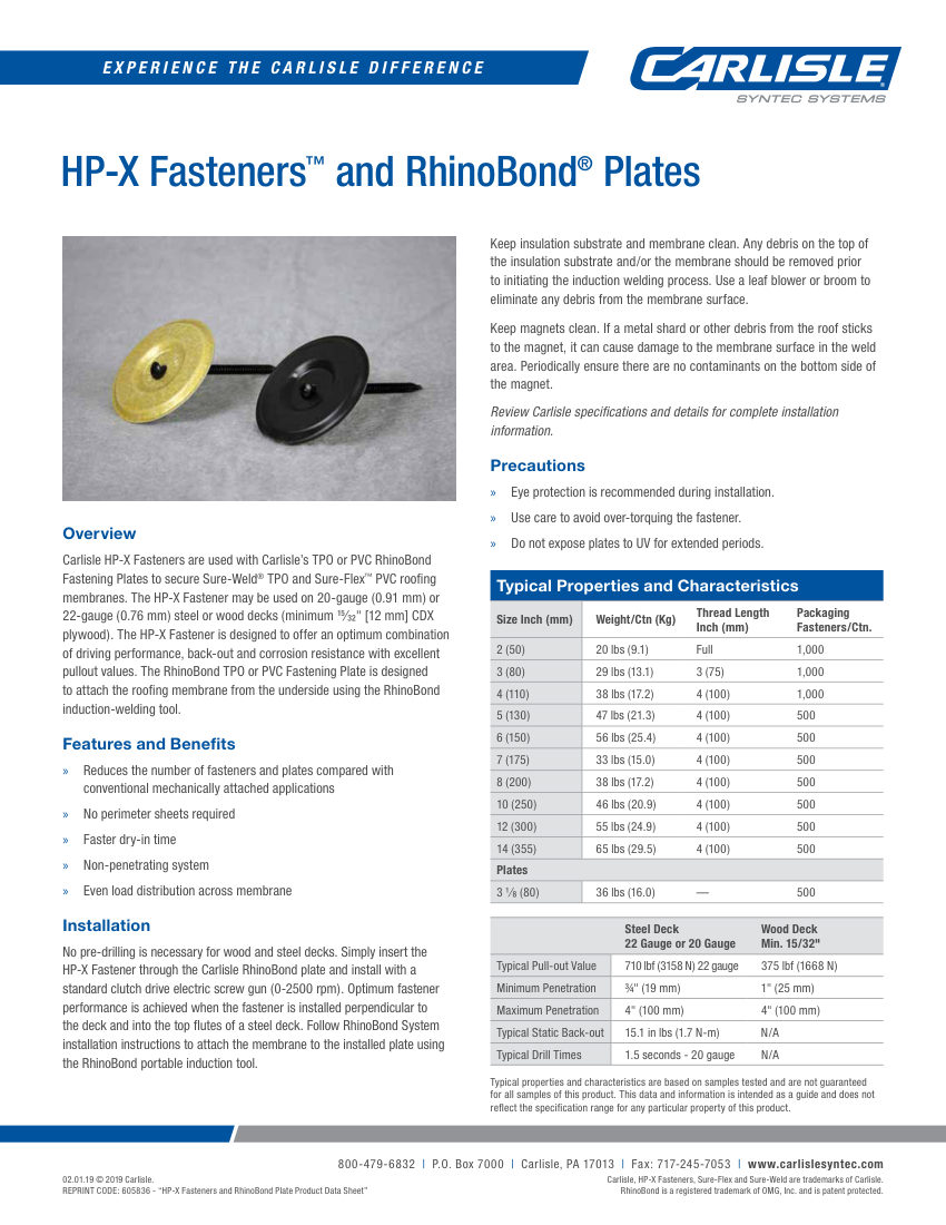 Carlisle SynTec HP-X Fasteners and RhinoBond Plates cut sheet — first page