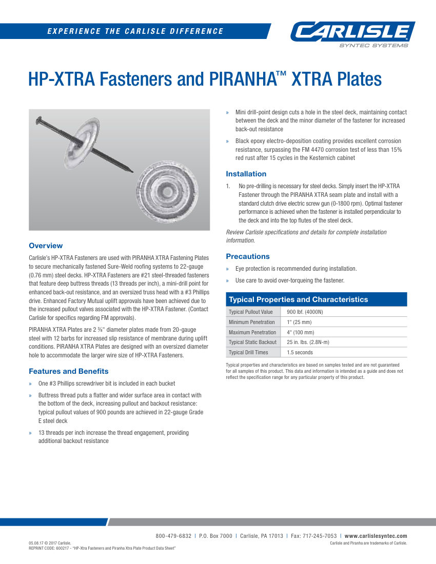 Carlisle SynTec HP-XTRA Fasteners and PIRANHA XTRA Plates cut sheet — first page