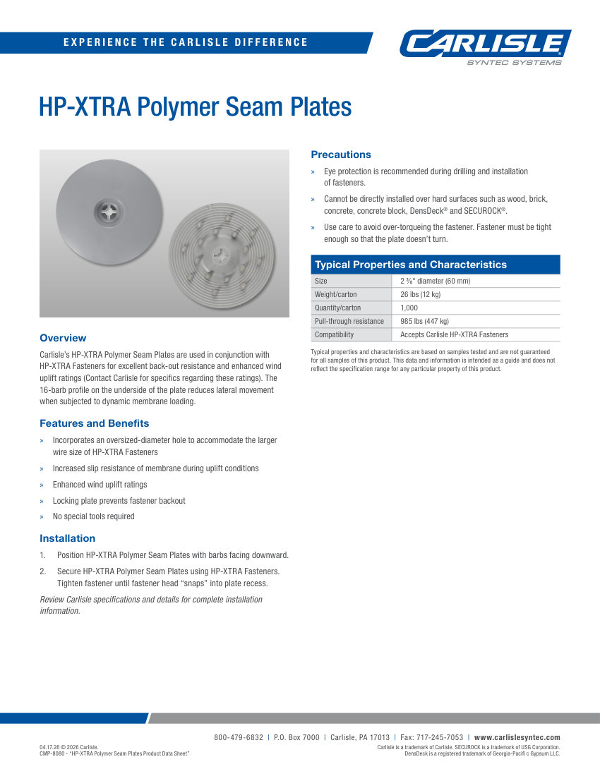 Carlisle SynTec HP-Xtra Polymer Seam Plates cut sheet — first page