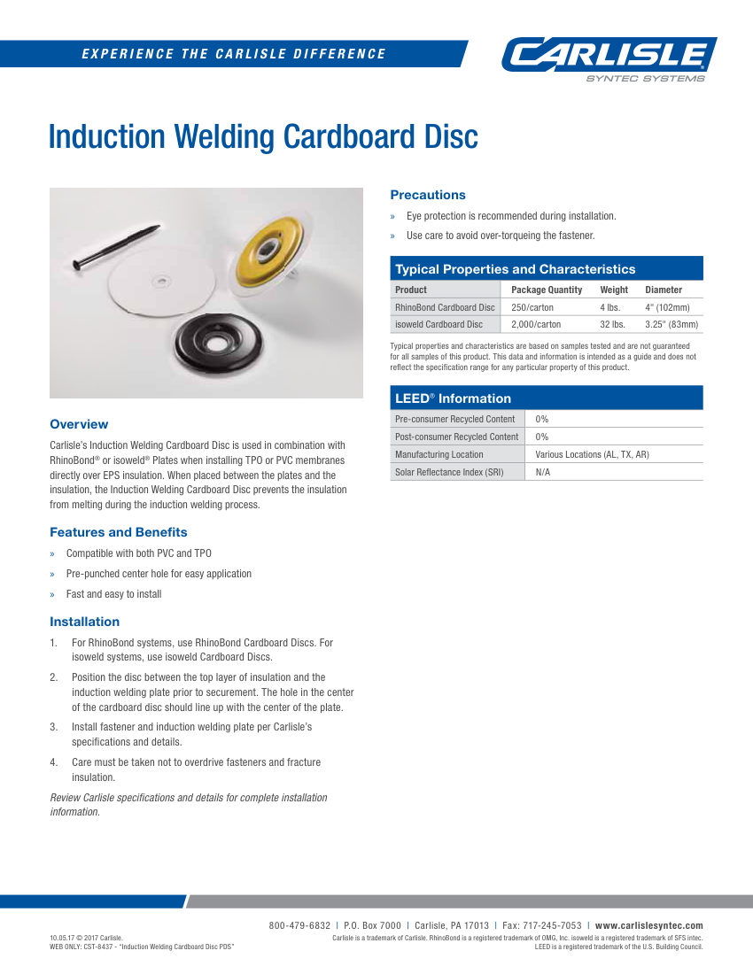 Carlisle SynTec Induction Welding Cardboard Disc cut sheet — first page
