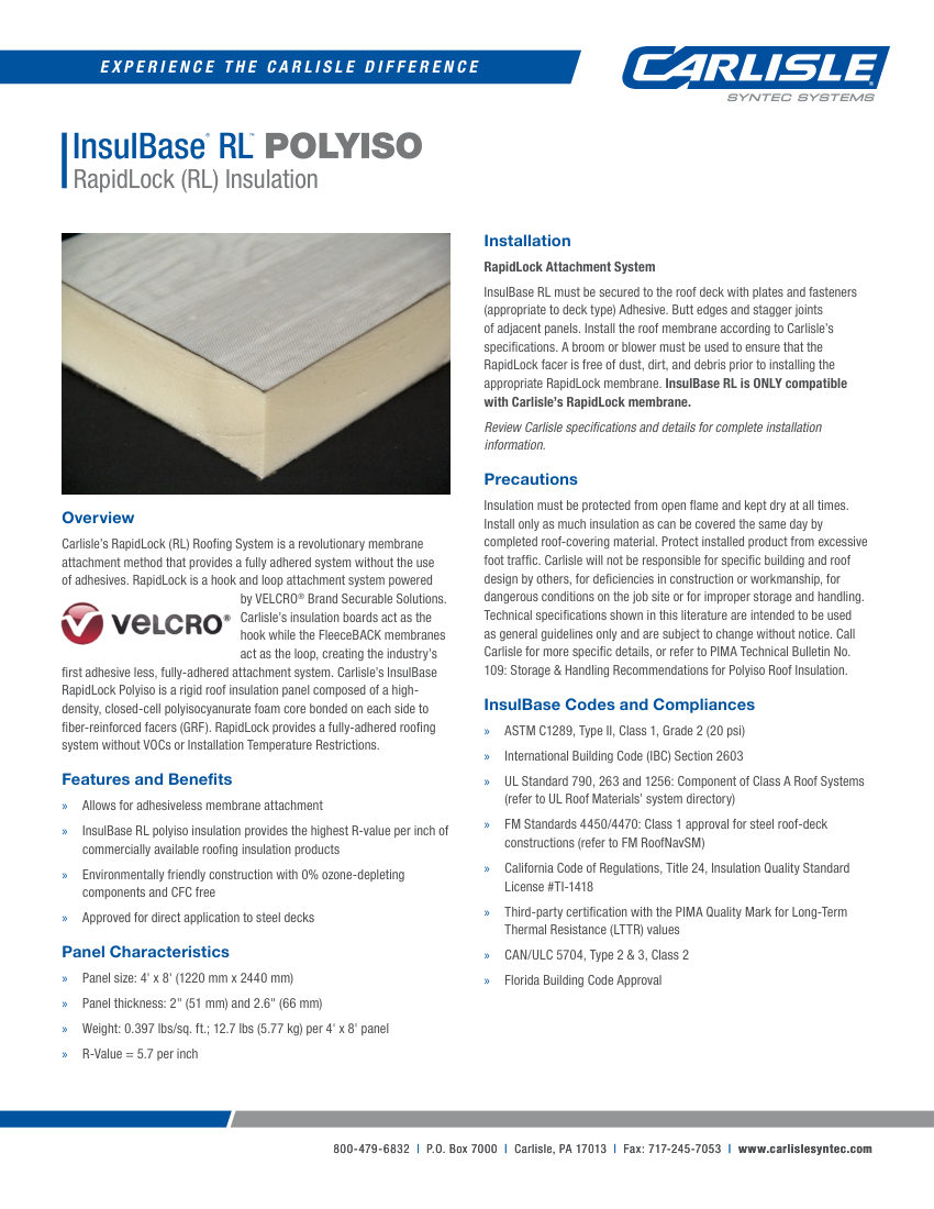 Carlisle SynTec InsulBase RapidLock RL Polyiso Insulation cut sheet — first page