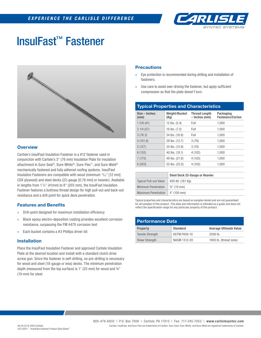 Carlisle SynTec InsulFast Fasteners cut sheet — first page