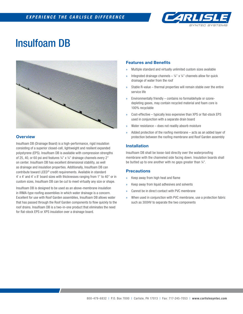 Carlisle SynTec Insulfoam DB cut sheet — first page