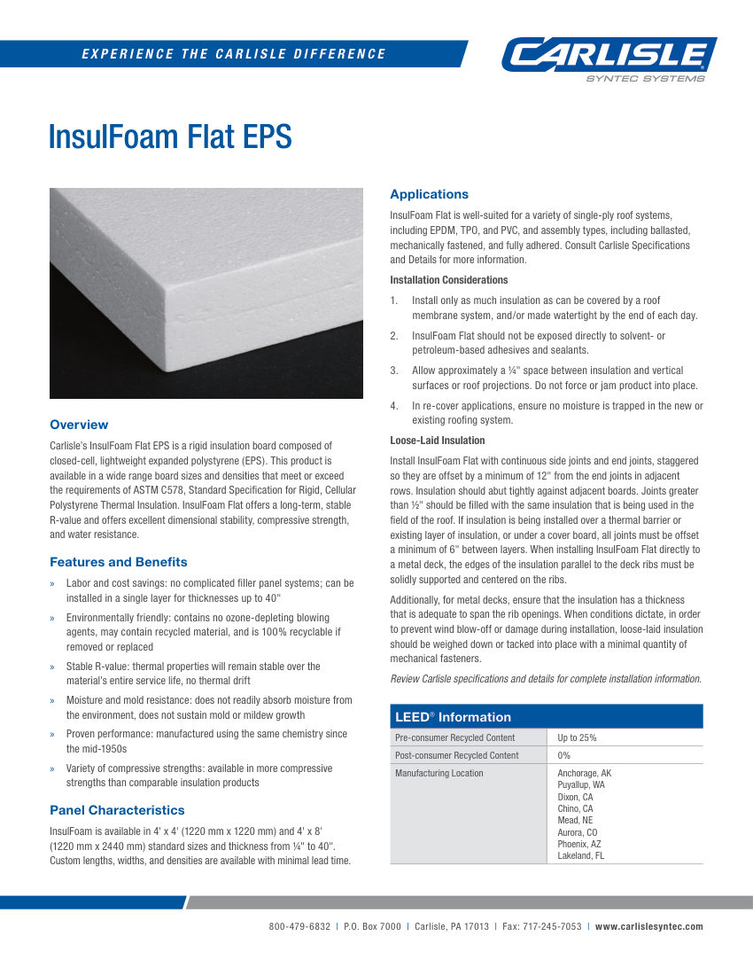 Carlisle SynTec InsulFoam Flat EPS cut sheet — first page