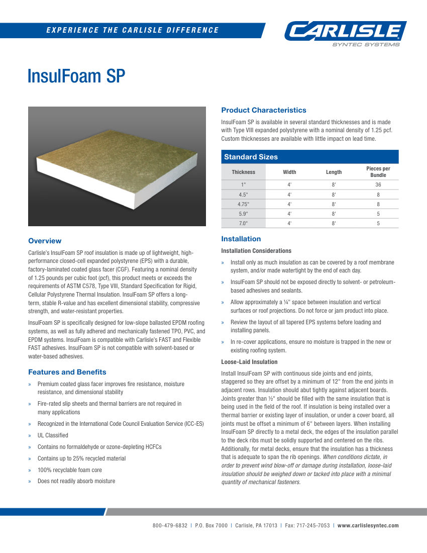 Carlisle SynTec Insulfoam SP cut sheet — first page