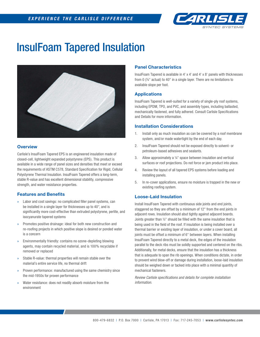 Carlisle SynTec InsulFoam Tapered Insulation cut sheet — first page