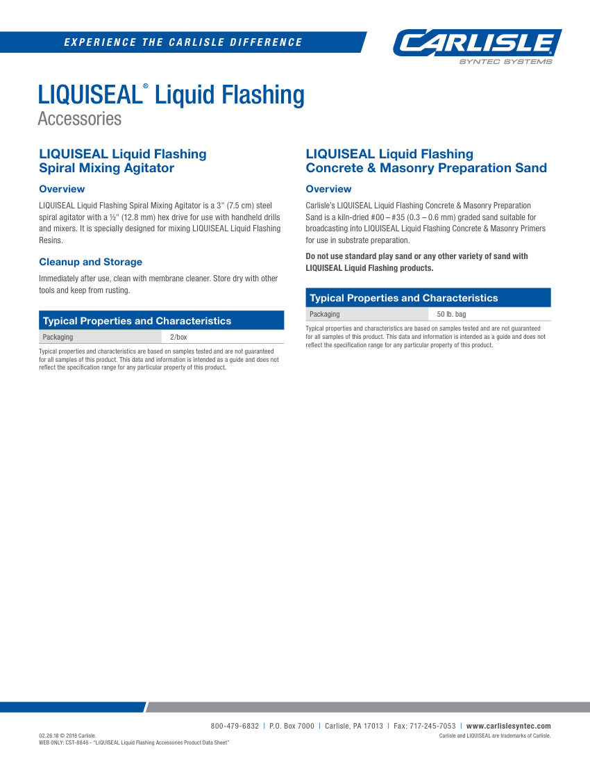 Carlisle SynTec LIQUISEAL Liquid Flashing Accessories cut sheet — first page