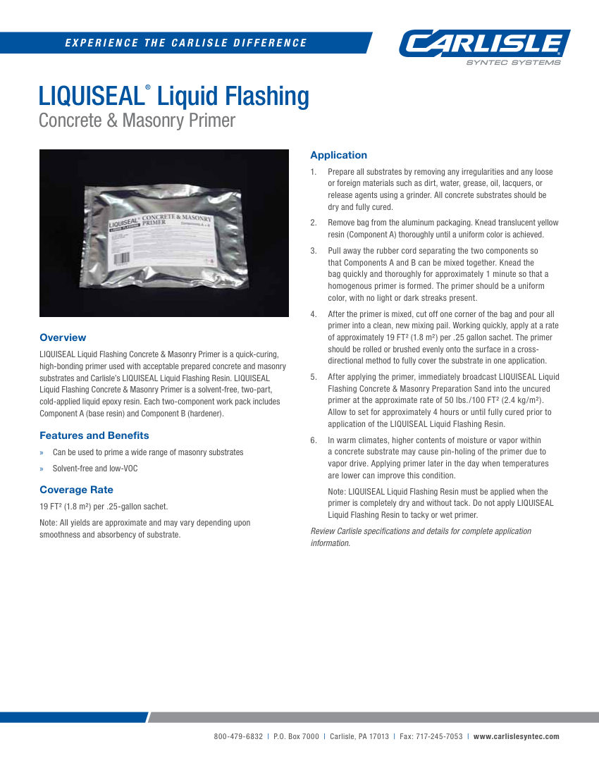Carlisle SynTec LIQUISEAL Liquid Flashing Concrete and Masonry Primer cut sheet — first page