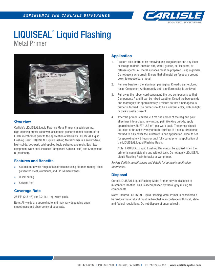 Carlisle SynTec LIQUISEAL Liquid Flashing Metal Primer cut sheet — first page