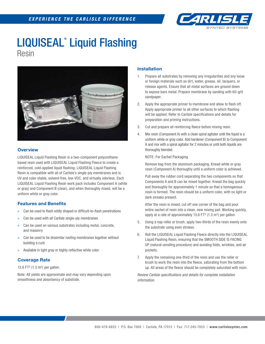 Carlisle SynTec LIQUISEAL Liquid Flashing Resin cut sheet — first page