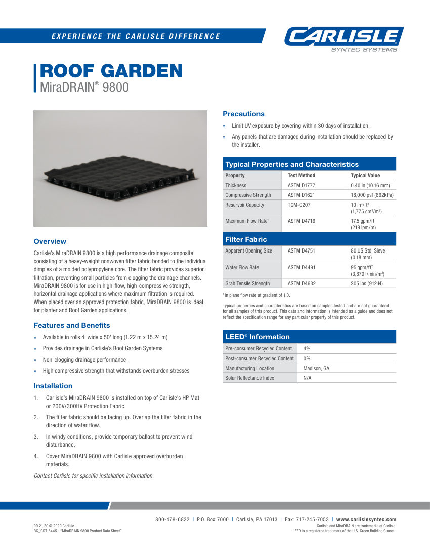Carlisle SynTec MiraDRAIN 9800 cut sheet — first page
