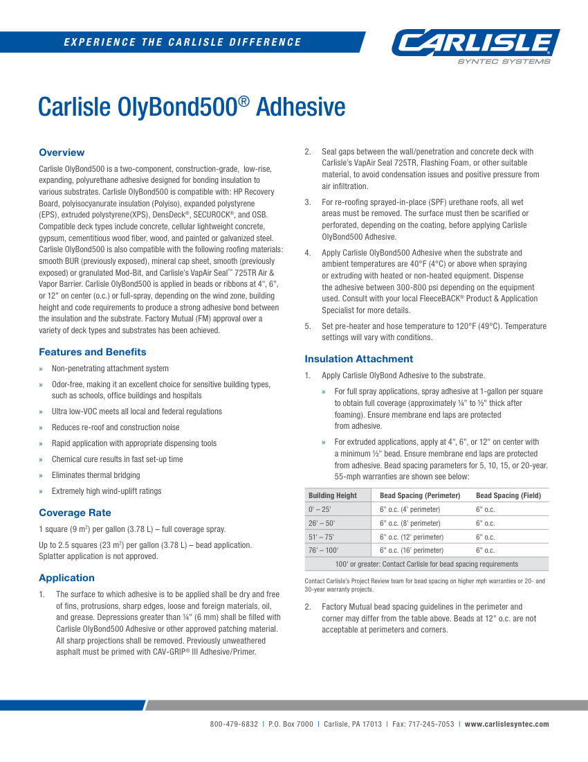 Carlisle SynTec OlyBond500® Adhesive cut sheet — first page