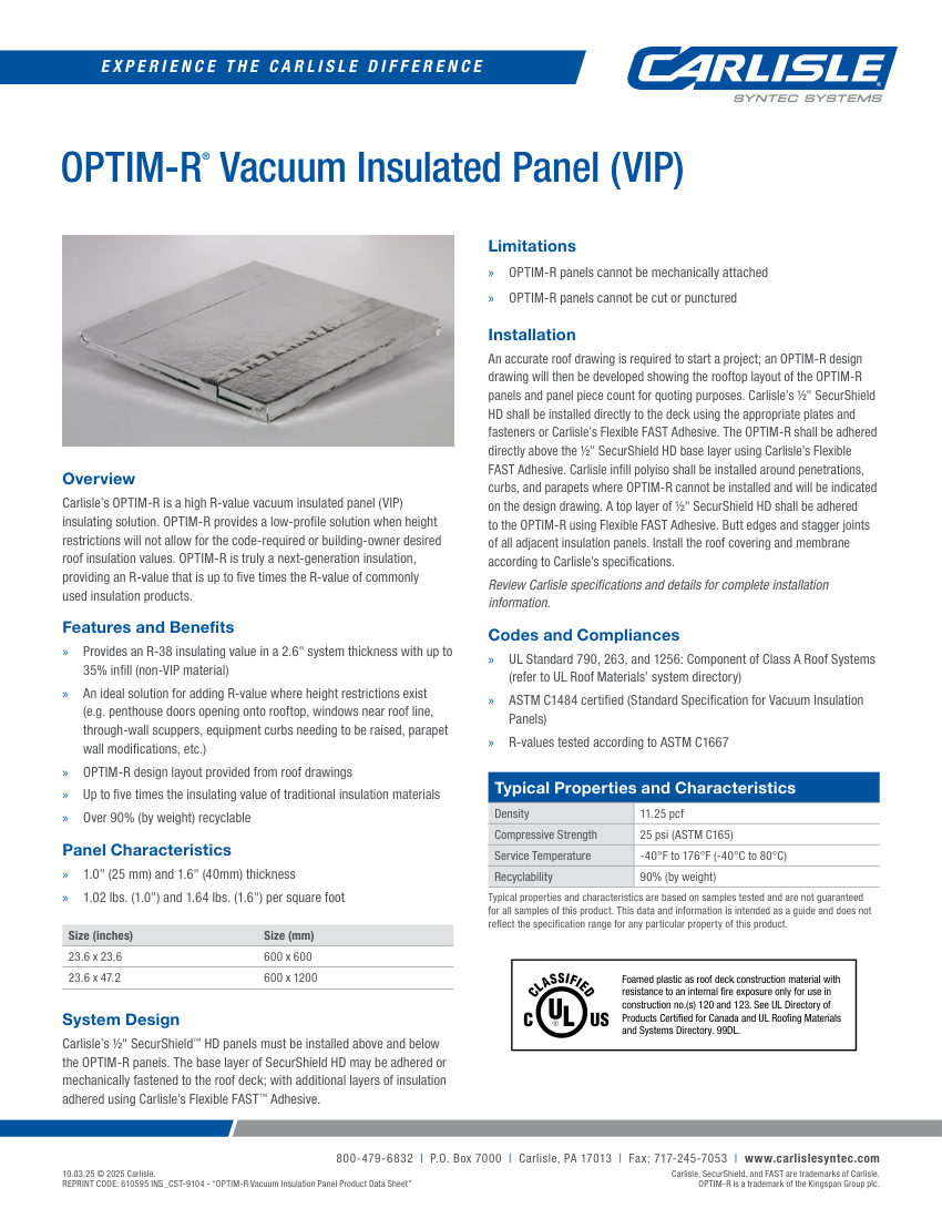 Carlisle SynTec OPTIM-R Vacuum Insulated Panels (VIP) cut sheet — first page