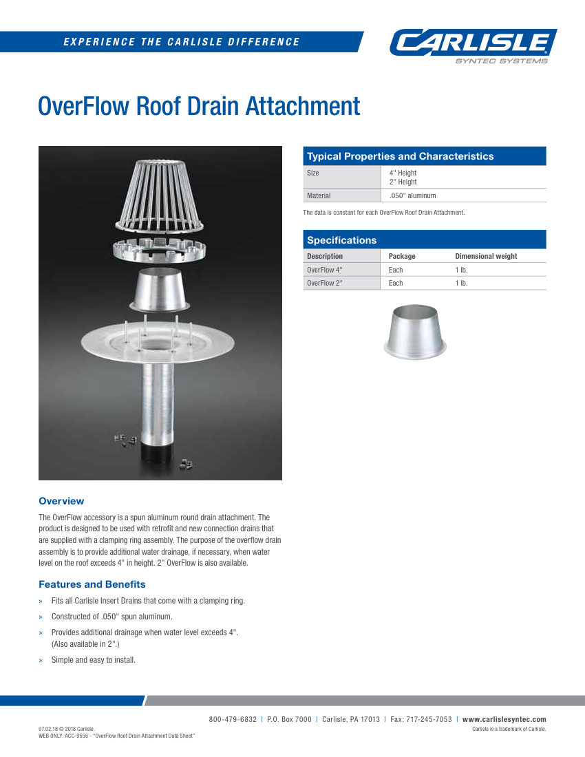 Carlisle SynTec OverFlow Roof Drain Attachment cut sheet — first page