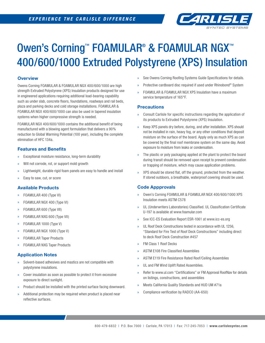 Carlisle SynTec Owen's Corning Foamular & Foamular NGX 400-600-1000 XPS Insu cut sheet — first page