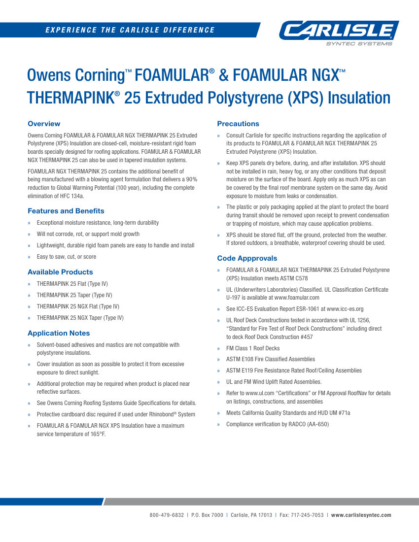 Carlisle SynTec Owens Corning Foamular and Foamular NGX Thermapink 25 XPS In cut sheet — first page