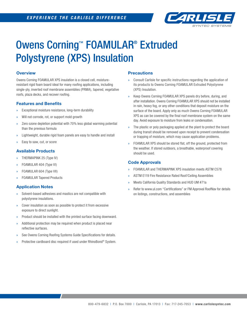 Carlisle SynTec Owens Corning™ FOAMULAR® Extruded Polystyrene (XPS) Insulati cut sheet — first page