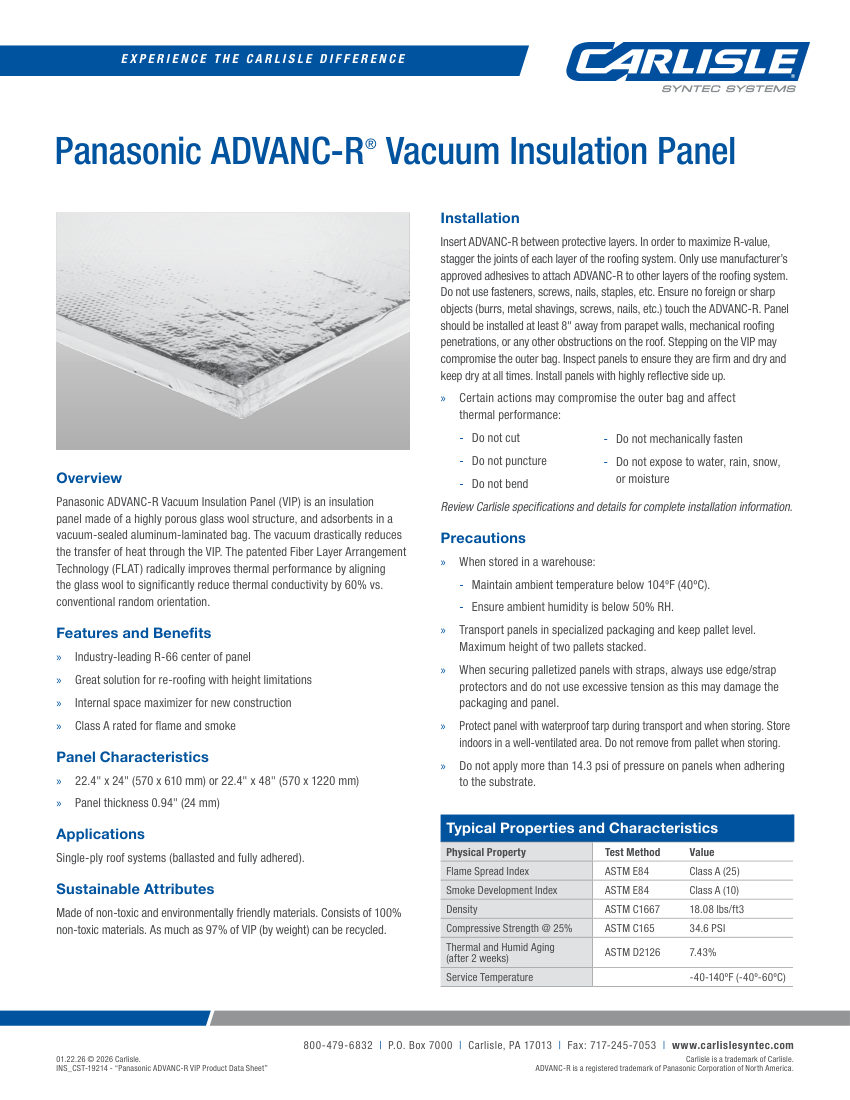 Carlisle SynTec Panasonic ADVANC-R Vacuum Insulation Panel cut sheet — first page