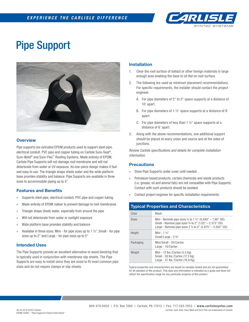 Carlisle SynTec Pipe Support cut sheet — first page